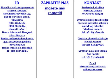 ID Slovačko kučturnoprosvetno sruštvo “Đetvan” Spoljnostarčevačka 127, 26000 Pančevo, Srbija, Vojvodina PIB 101984124 MBR 08122814 dinarski račun Banca Intesa a.d. Beograd  160-18807-12 Banka poštanska štedionica  305-0010000003368-81 devizni račun Banca Intesa a.d. Beograd  00-508-0003068.1 Zapratite nas možete nas zapratiti kontakt Predsednik društvaMiroslav Oravec  tel.+381 63 436724  Umetnički direktor, direktro muzičko-pevačke sekcije i narodnog orkestra Vladimír Kolarik  tel.+381 64 2802161   Direktor glumaćke sekcije Michal Kalmar  tel.+381 64 1300271  Direktorka sekcije vezilja Ana Pánjik  tel.+381 63 1959348  Email skosdetvan@detvan.rs office@detvan.rs